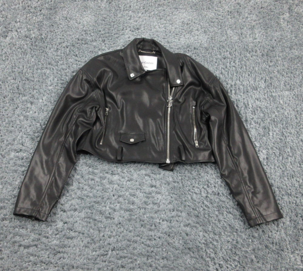 Juicy Couture Jacket Womens Medium Faux Leather Moto Biker Cropped Zip Up Coat